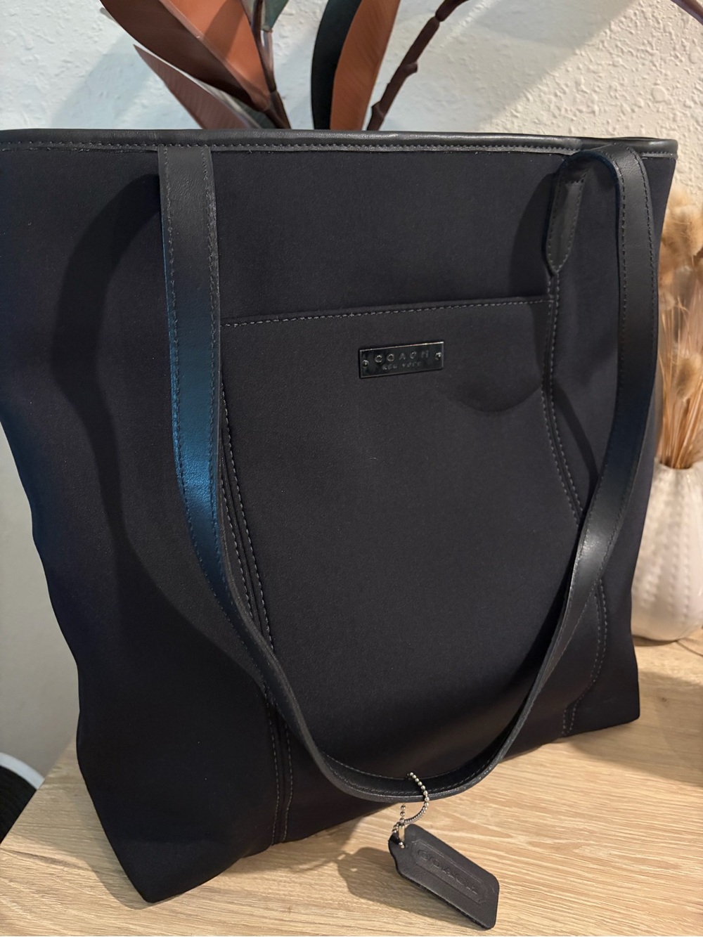 Vintage COACH 6217 Black Neoprene w/ Leather Handle Triple Compartment Tote Bag